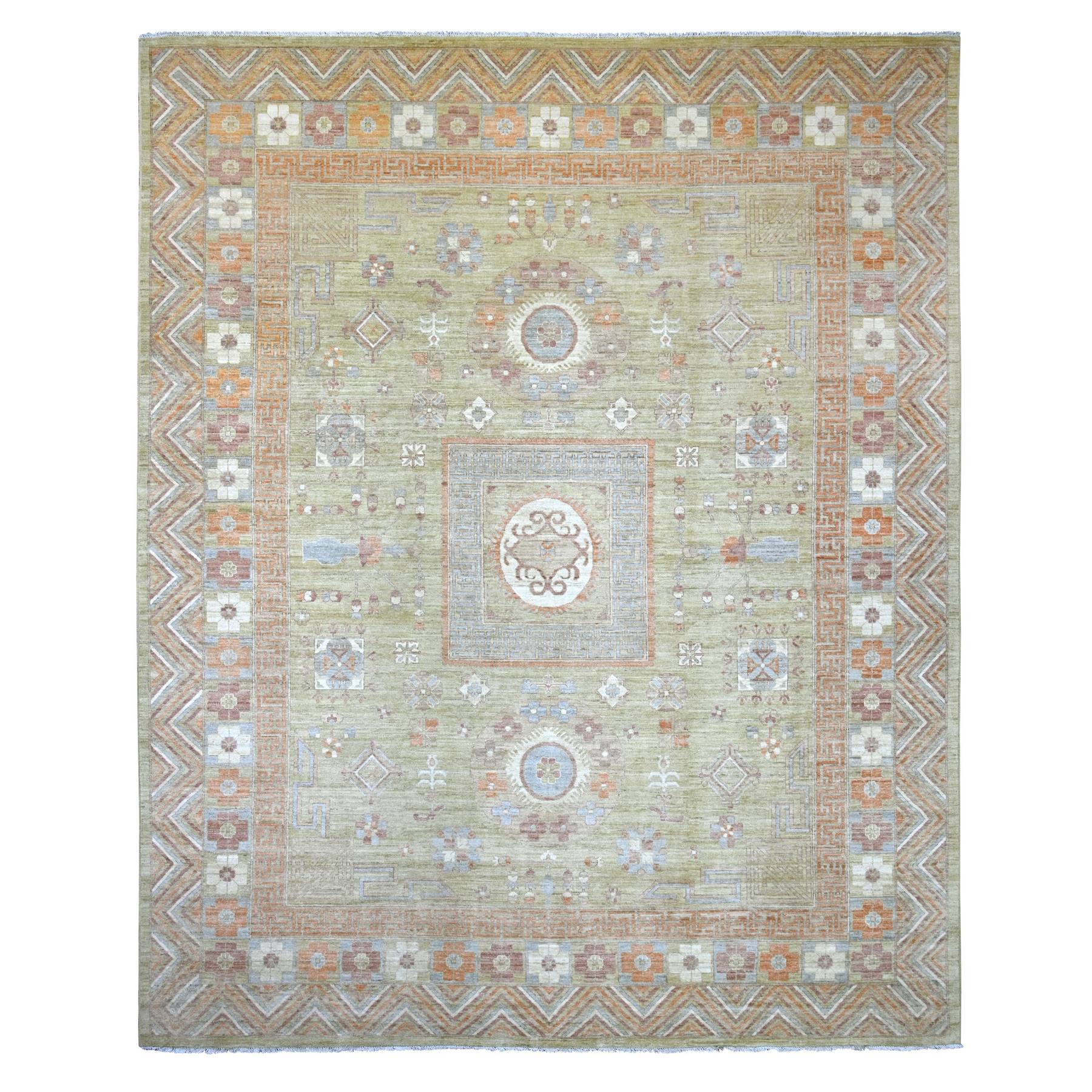 11'10"x14'6" Swamp Green, Afghan Peshawar with Khotan Design, Natural Dyes, Hand Knotted, Pure Wool, XL, Oversized, Oriental Rug 
